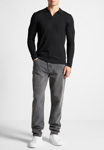 Merino Wool Long Sleeve Revere Polo Shirt - Black