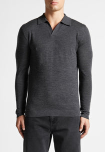 Merino Wool Long Sleeve Revere Polo Shirt - Grey