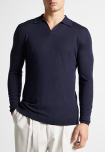 Merino Wool Long Sleeve Revere Polo Shirt - Navy