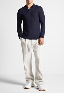 Merino Wool Long Sleeve Revere Polo Shirt - Navy