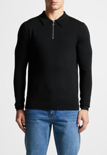 Merino Wool Long Sleeve Polo Top With Zip - Black