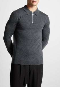 Merino Wool Long Sleeve Polo Top With Zip - Marl Grey