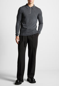 Merino Wool Long Sleeve Polo Top With Zip - Marl Grey