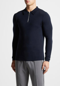 Merino Wool Long Sleeve Polo Top With Zip - Navy
