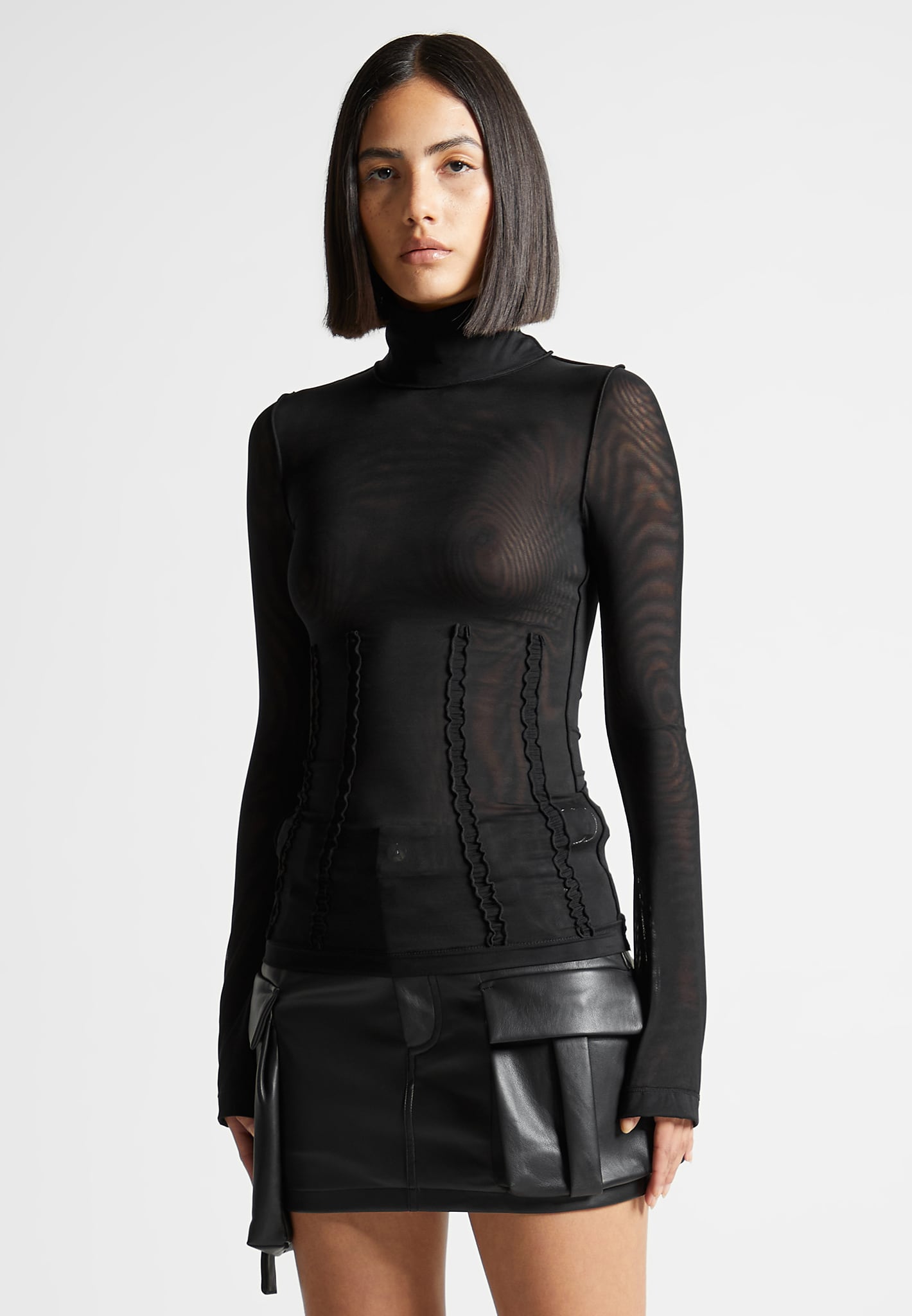 Vegan Leather Mesh Contour Bodysuit - Black