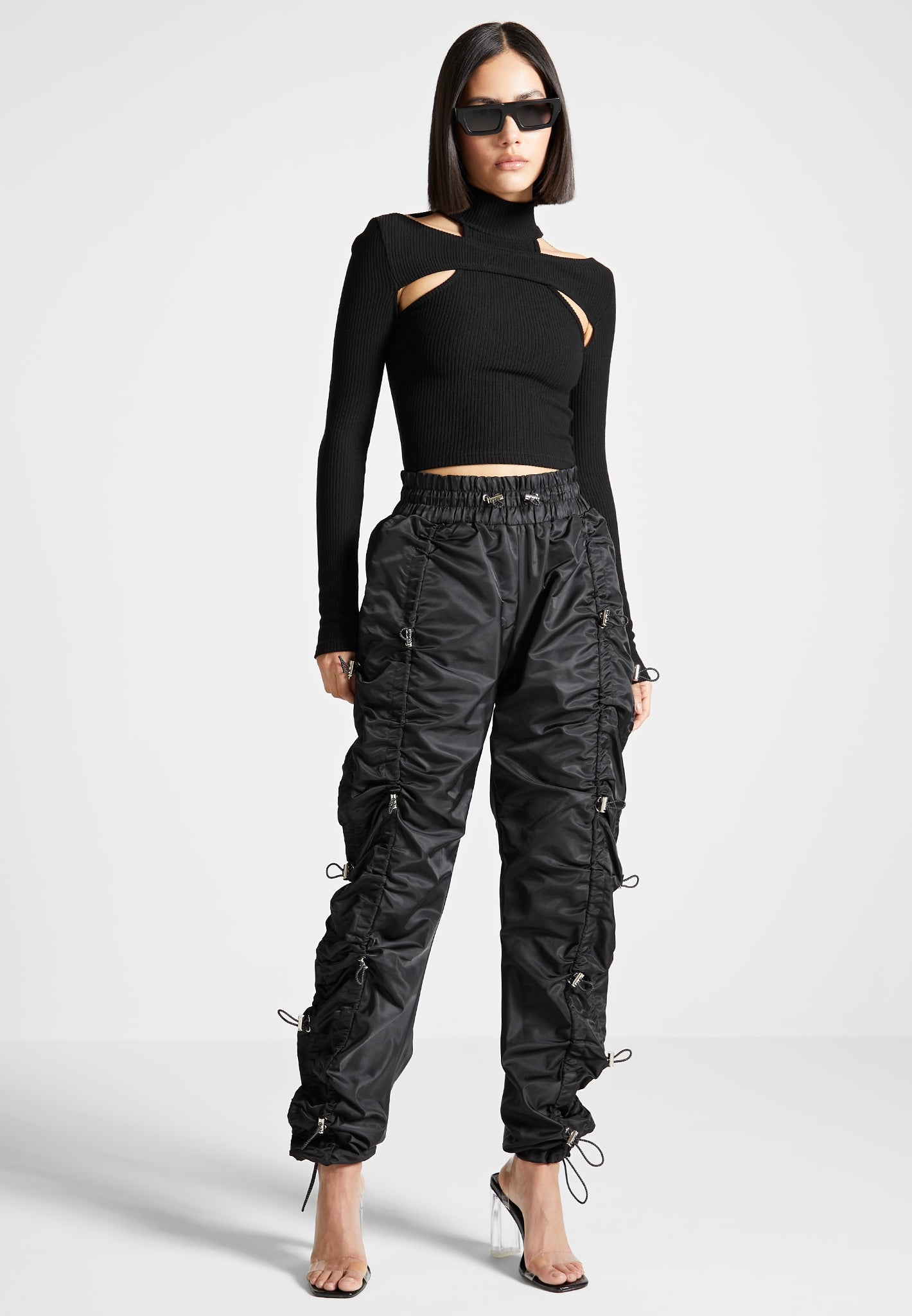 nylon-bungee-ruched-cargo-pants-black