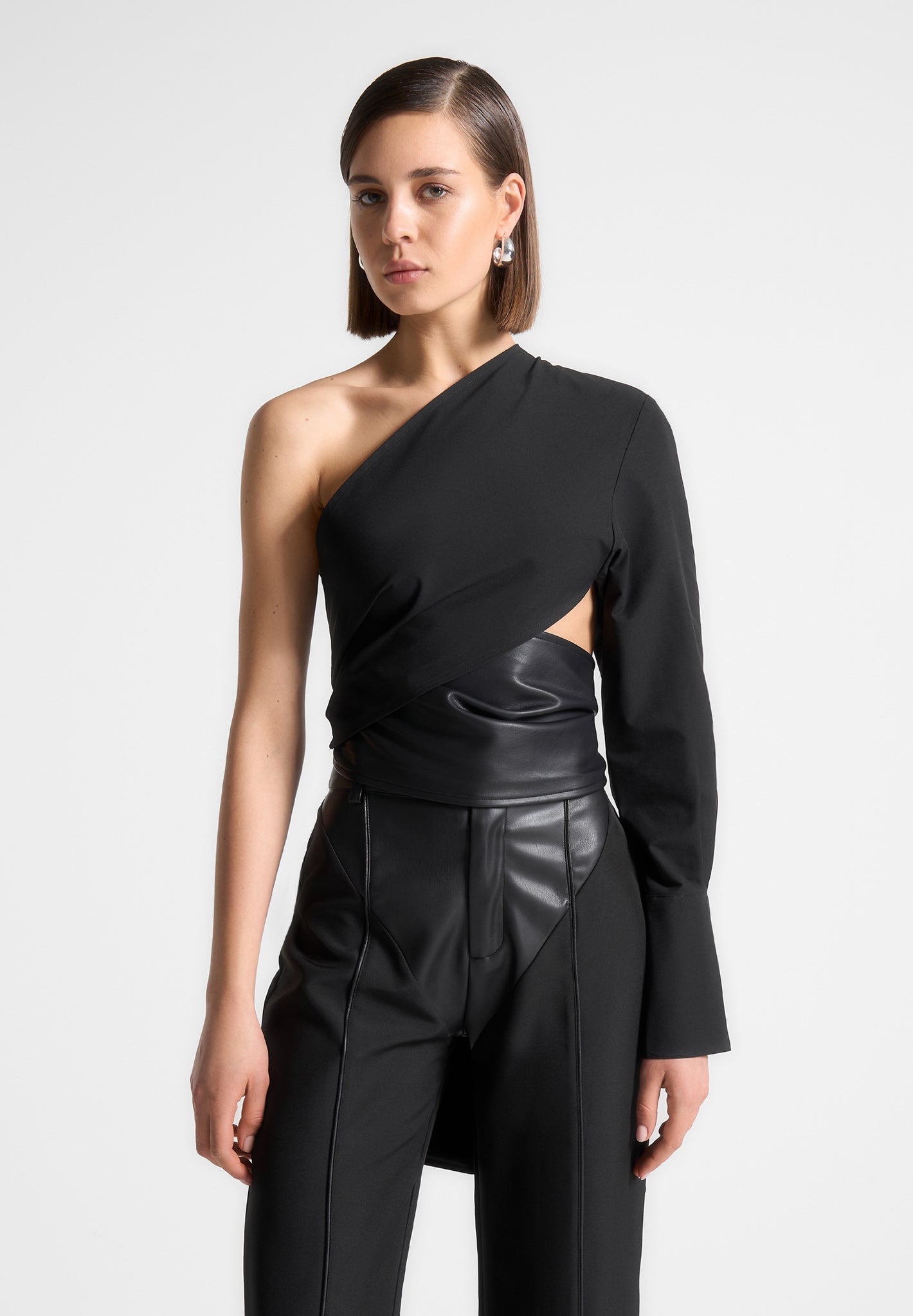 Coralie - One Sleeve Leather Wrap Top - Black