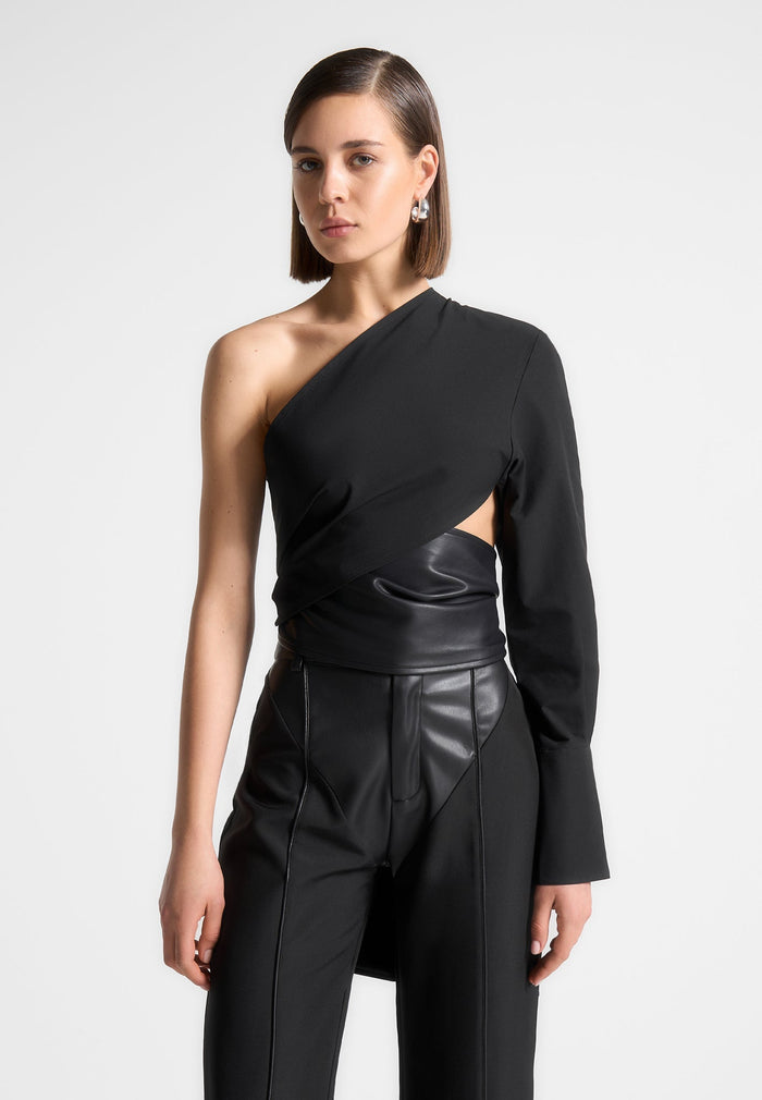 Coralie - One Sleeve Leather Wrap Top - Black