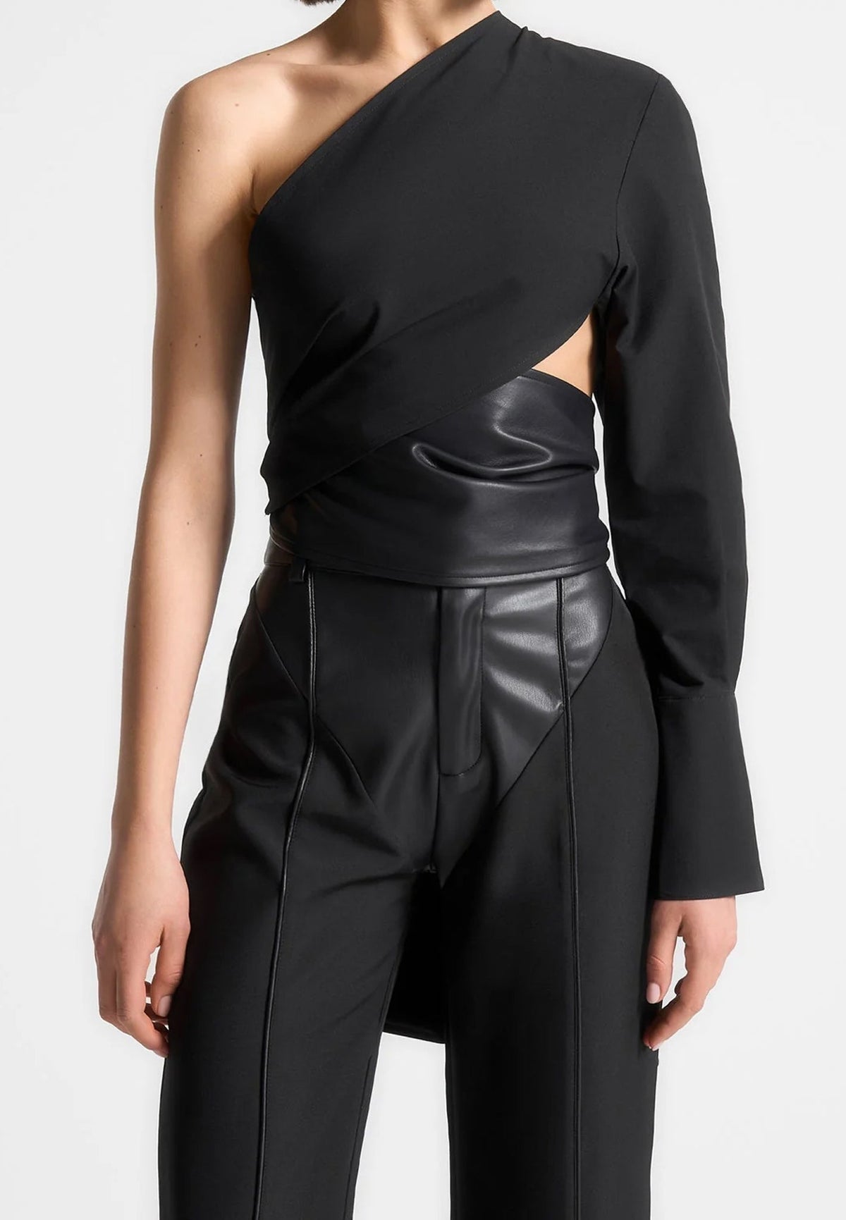 coralie-one-sleeve-leather-wrap-top-black