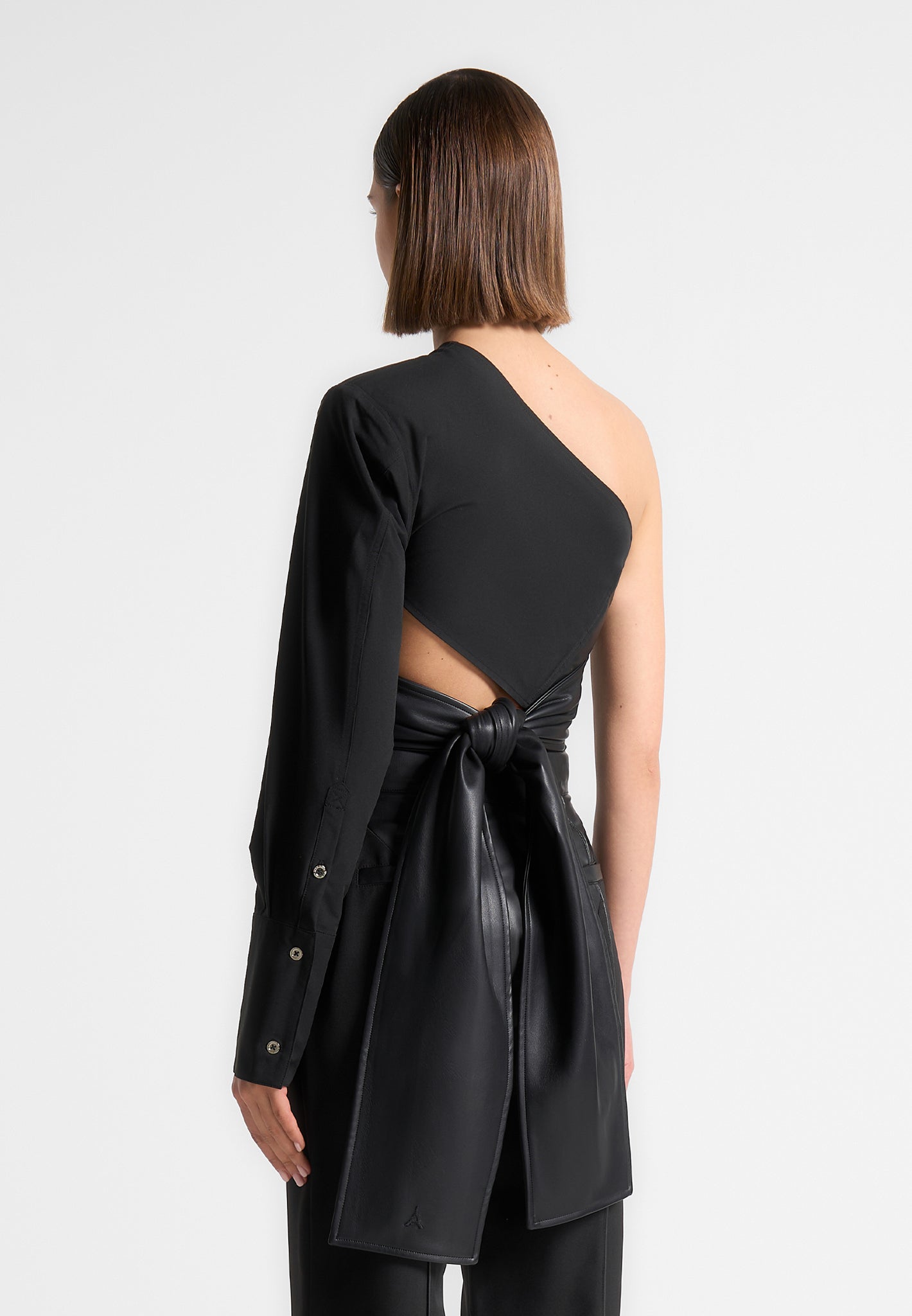 Coralie - One Sleeve Leather Wrap Top - Black