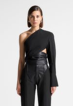 Coralie - One Sleeve Leather Wrap Top - Black