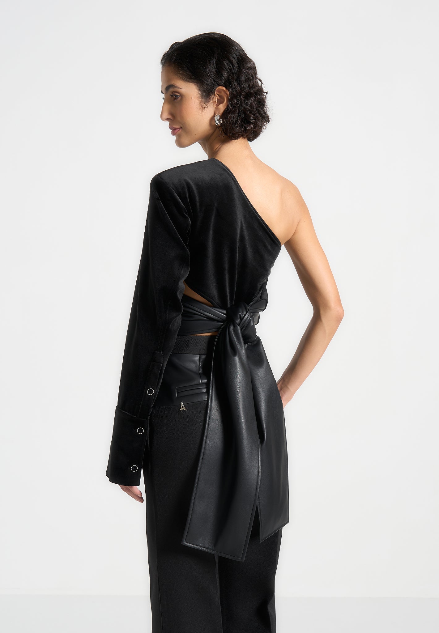 coralie-one-sleeve-velour-wrap-top-black
