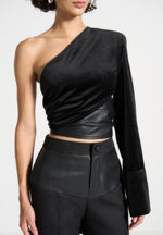 one-sleeve-velour-wrap-top-black