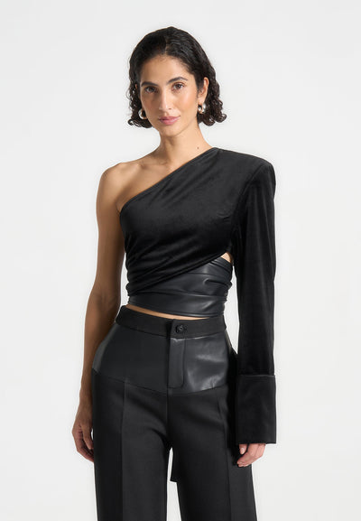 coralie-one-sleeve-velour-wrap-top-black