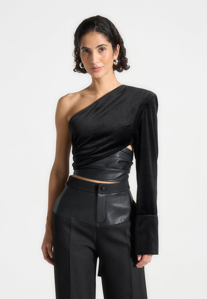 coralie-one-sleeve-velour-wrap-top-black