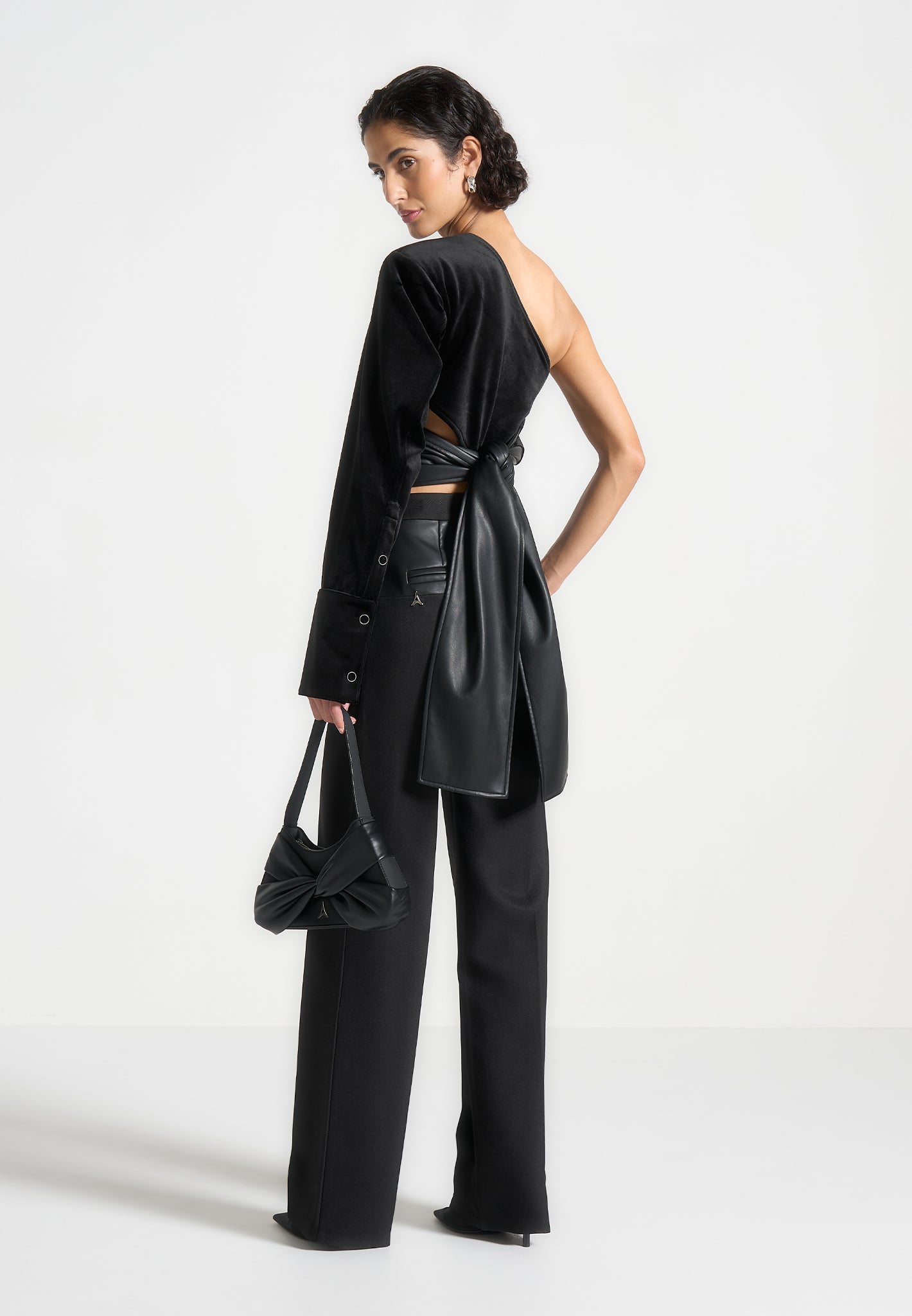 Coralie - One Sleeve Velour Wrap Top - Black
