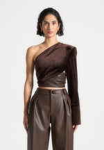 coralie-one-sleeve-velour-wrap-top-brown