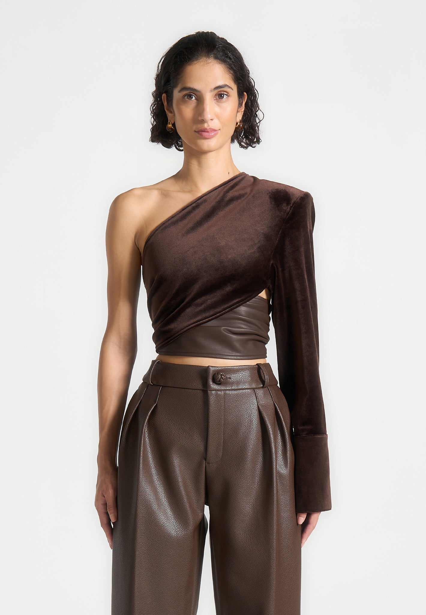 coralie-one-sleeve-velour-wrap-top-brown