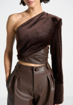 coralie-one-sleeve-velour-wrap-top-brown