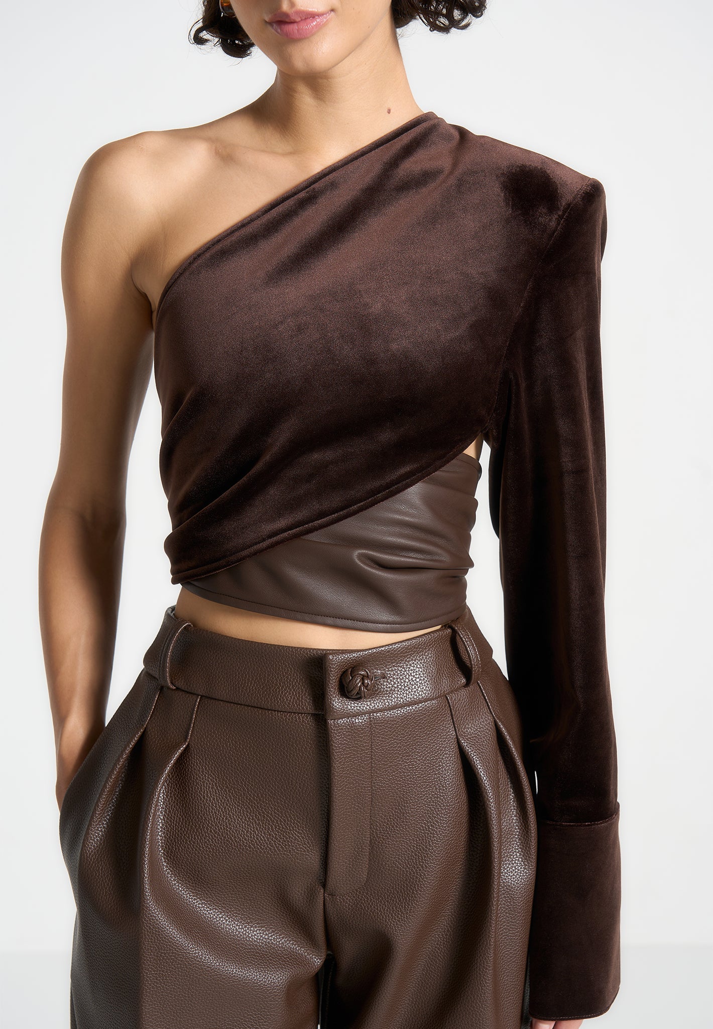 Coralie - One Sleeve Velour Wrap Top - Brown
