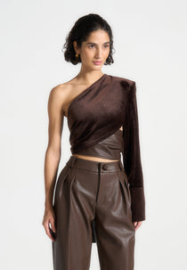 Coralie - One Sleeve Velour Wrap Top - Brown