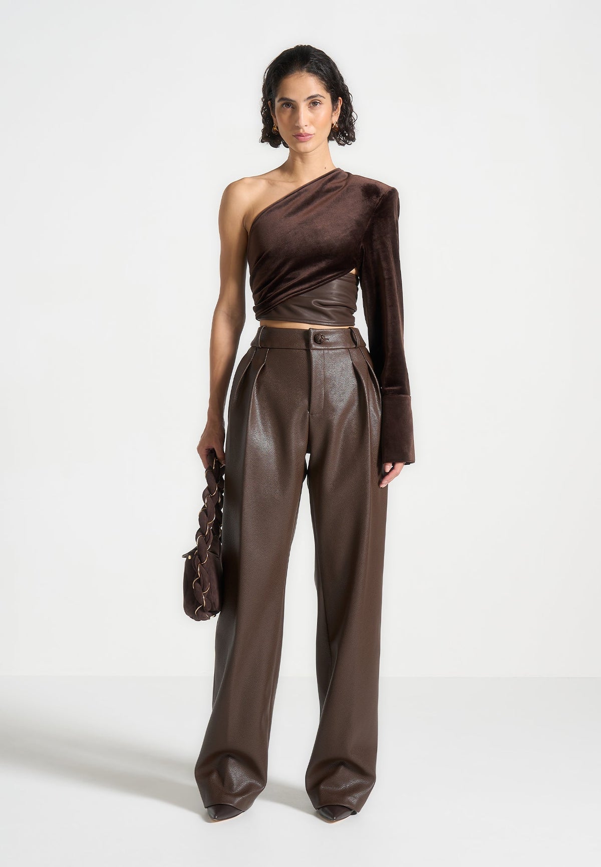 Coralie - One Sleeve Velour Wrap Top - Brown