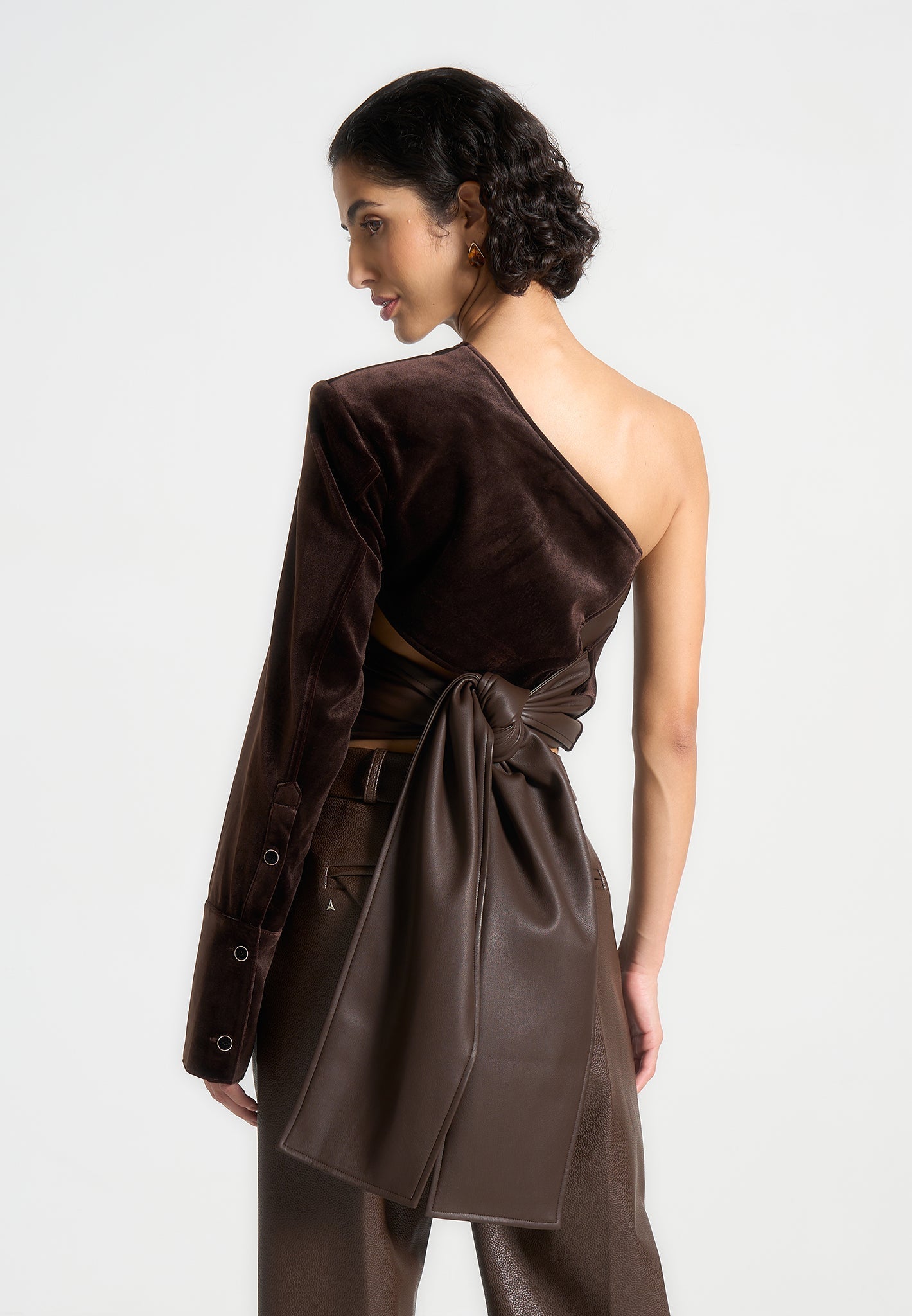 coralie-one-sleeve-velour-wrap-top-brown