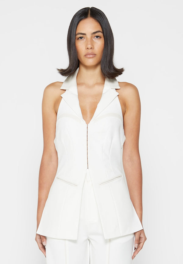 Open Back Waistcoat with Leather - White
