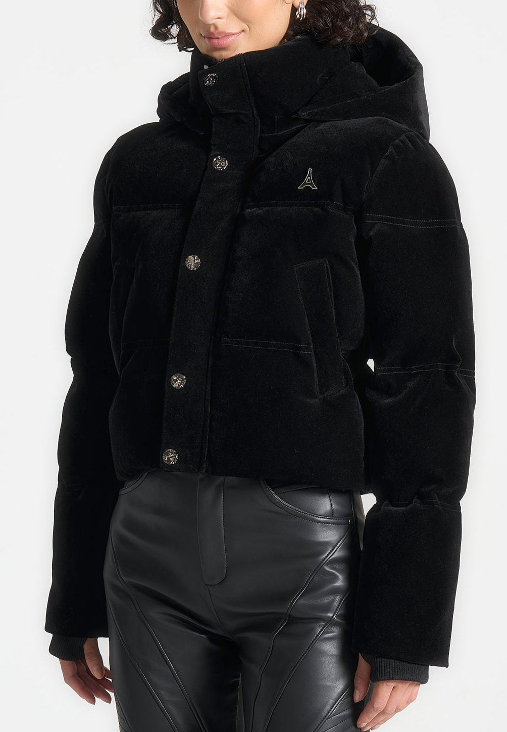 Maeva - Velvet Cropped Puffer Jacket - Black