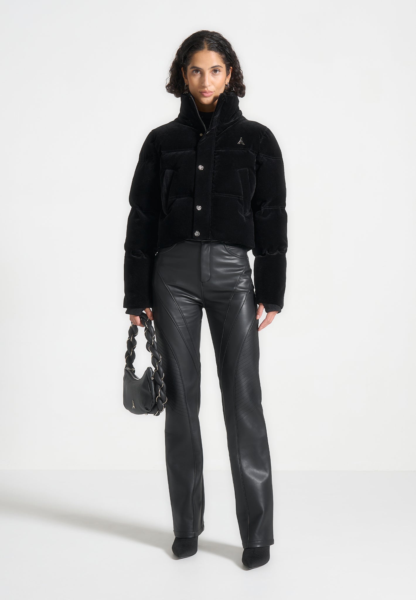 Maeva - Velvet Cropped Puffer Jacket - Black