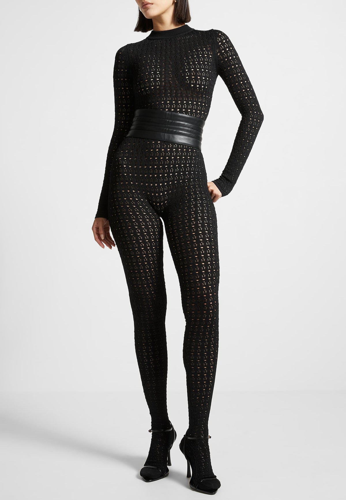 Chantal - Pointelle Knit Long Sleeve Jumpsuit with Belt - Black