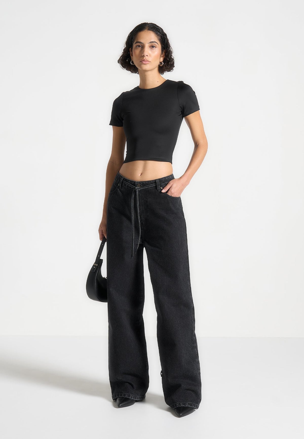 Faye - Wide Mid Rise Jeans with Tie Waist - Washed Black