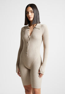 Ribbed Knit Long Sleeve Playsuit - Beige