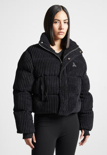 Ribbed Velour Puffer Jacket - Black