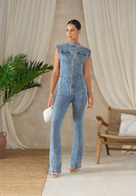 Annette - Seam Detail Fit & Flare Denim Jumpsuit - Mid Blue