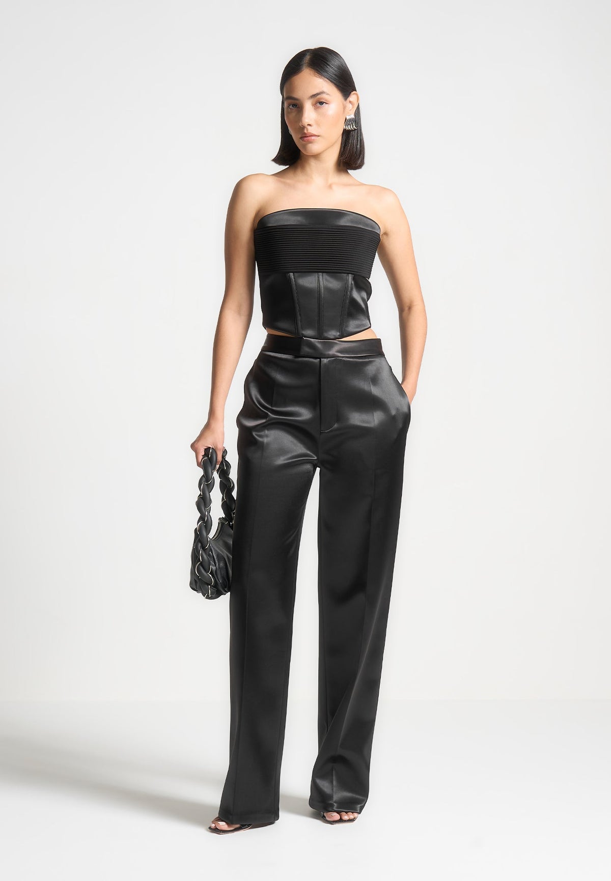 Cora - Satin Pintuck Bandeau Corset Top - Black