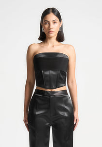 Cora - Satin Pintuck Bandeau Corset Top - Black