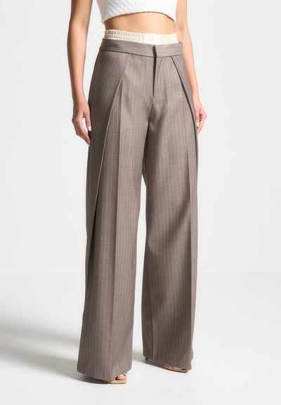 Sofia - Satin Waistband Pinstripe Pants - Taupe