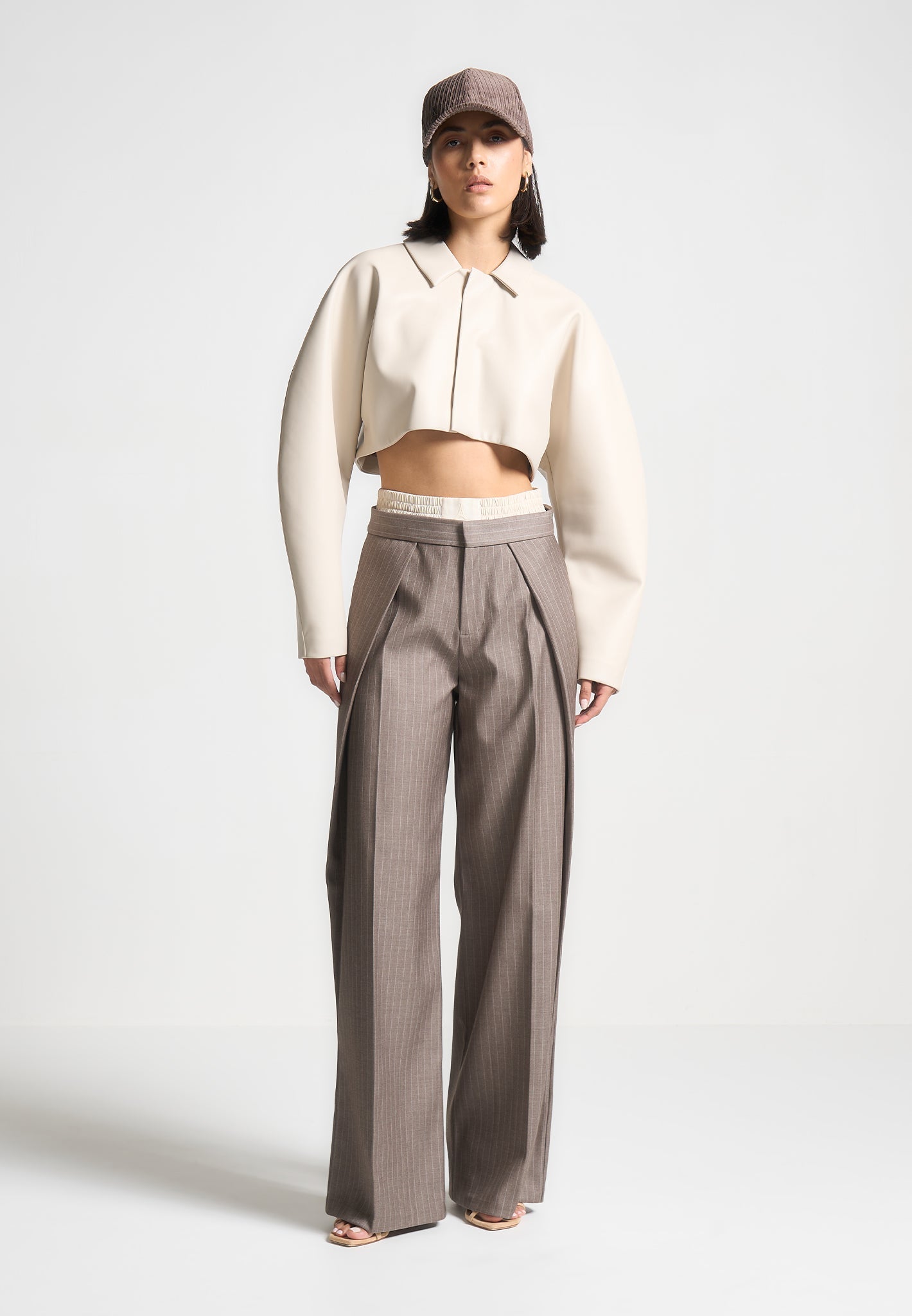 Sofia - Satin Waistband Pinstripe Pants - Taupe 