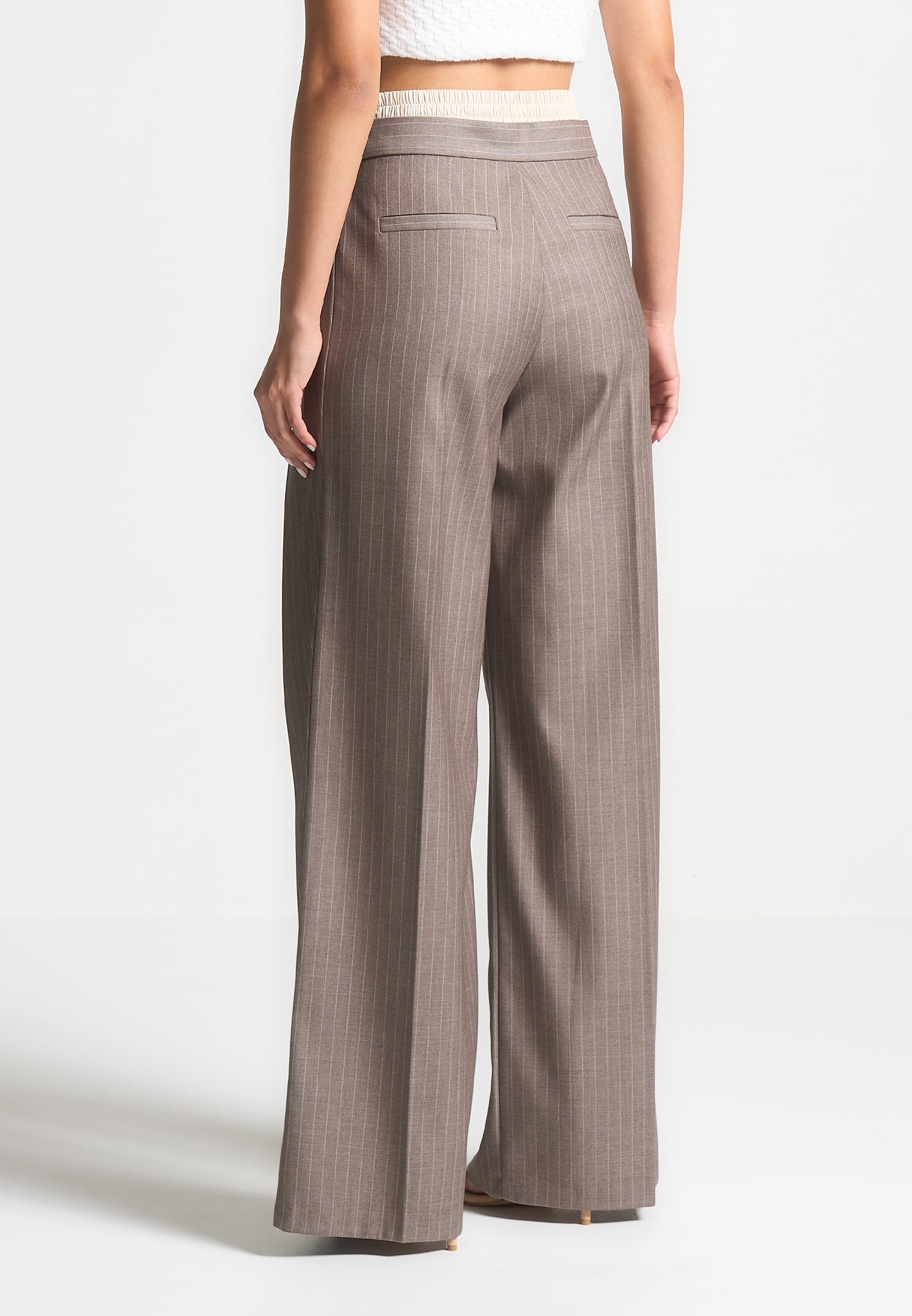 Sofia - Satin Waistband Pinstripe Pants - Taupe