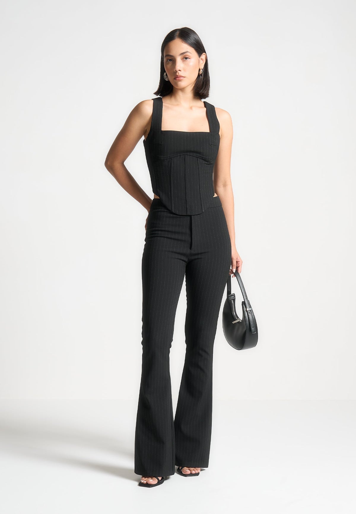 Square Neck Pinstripe Corset Top - Black