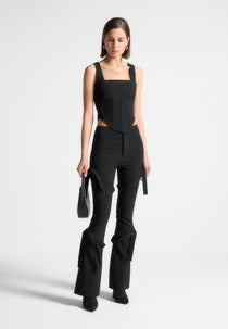 Strap Detail Pinstripe Fit and Flare Leggings - Black