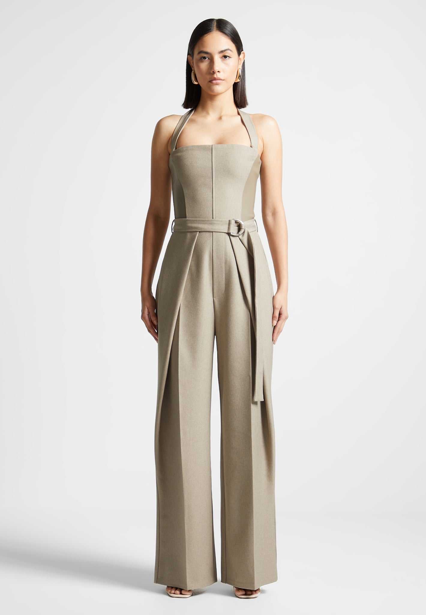 Sabine - Tailored Pleat Jumpsuit with Belt - Beige