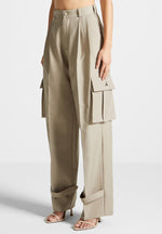 Danielle - Tailored Pleated Cargo Trousers - Beige