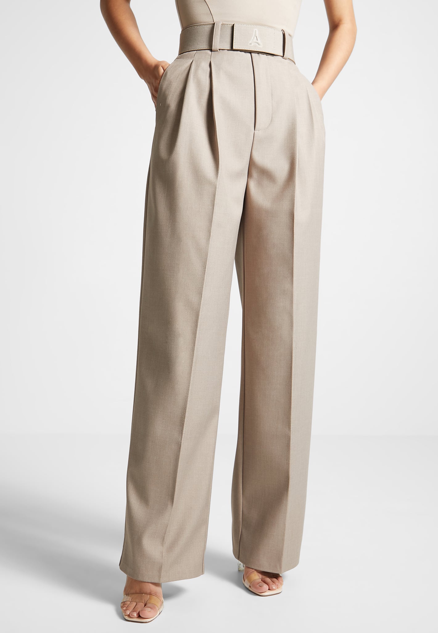 Tailored Pleated Trousers with Eiffel Belt - Taupe