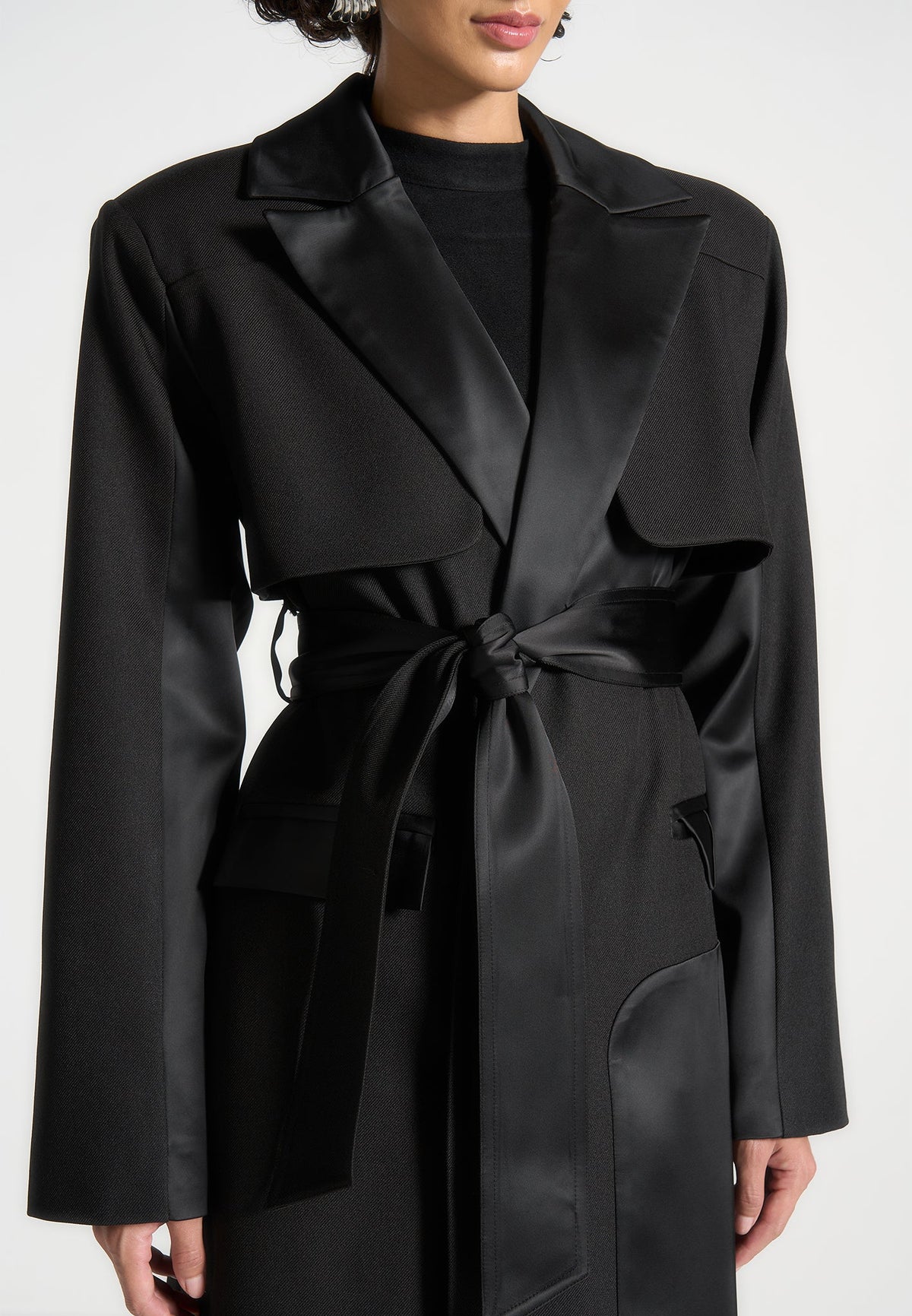 Ilona - Tailored Satin Trench Coat - Black