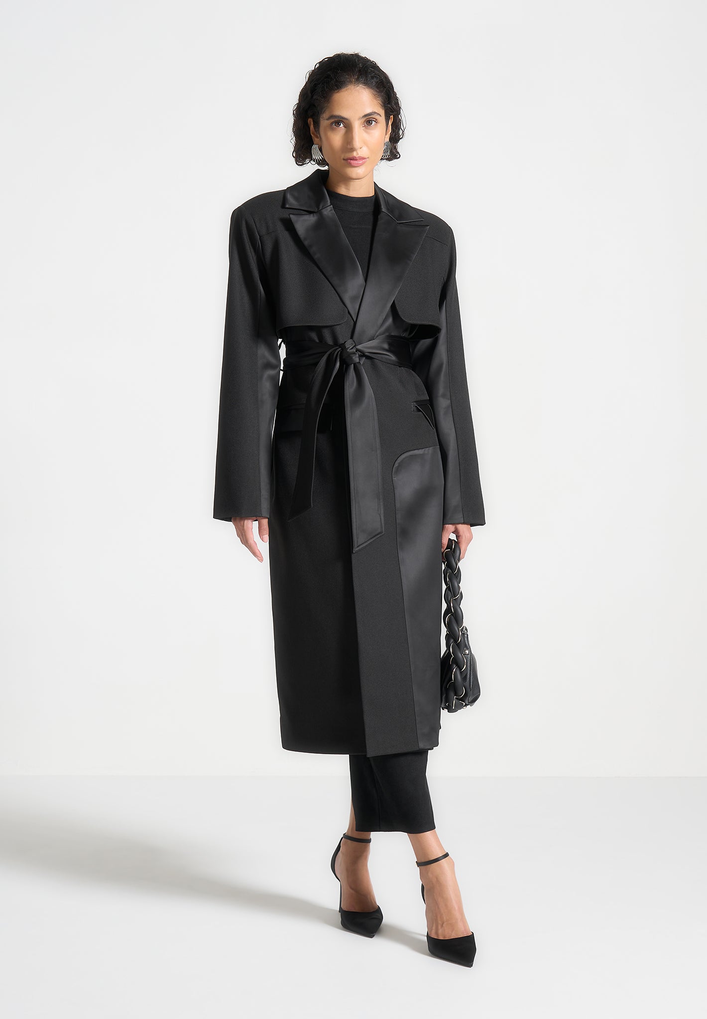 Ilona - Tailored Satin Trench Coat - Black 