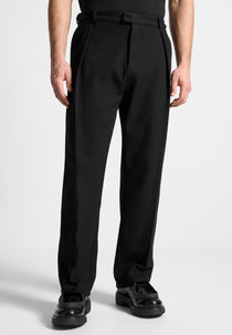 Relaxed Fit Twill Pleated Tailored Trousers - Black