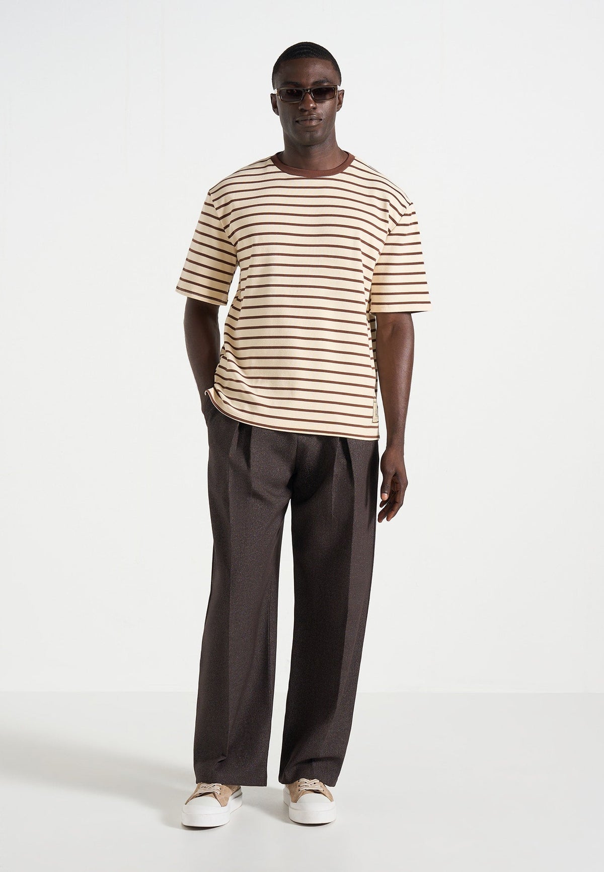 Riley - Unisex Striped Relaxed Fit Cotton T-Shirt - Cream/Brown