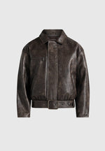 Ezra - Unisex Vintage Leather Belted Bomber Jacket - Brown